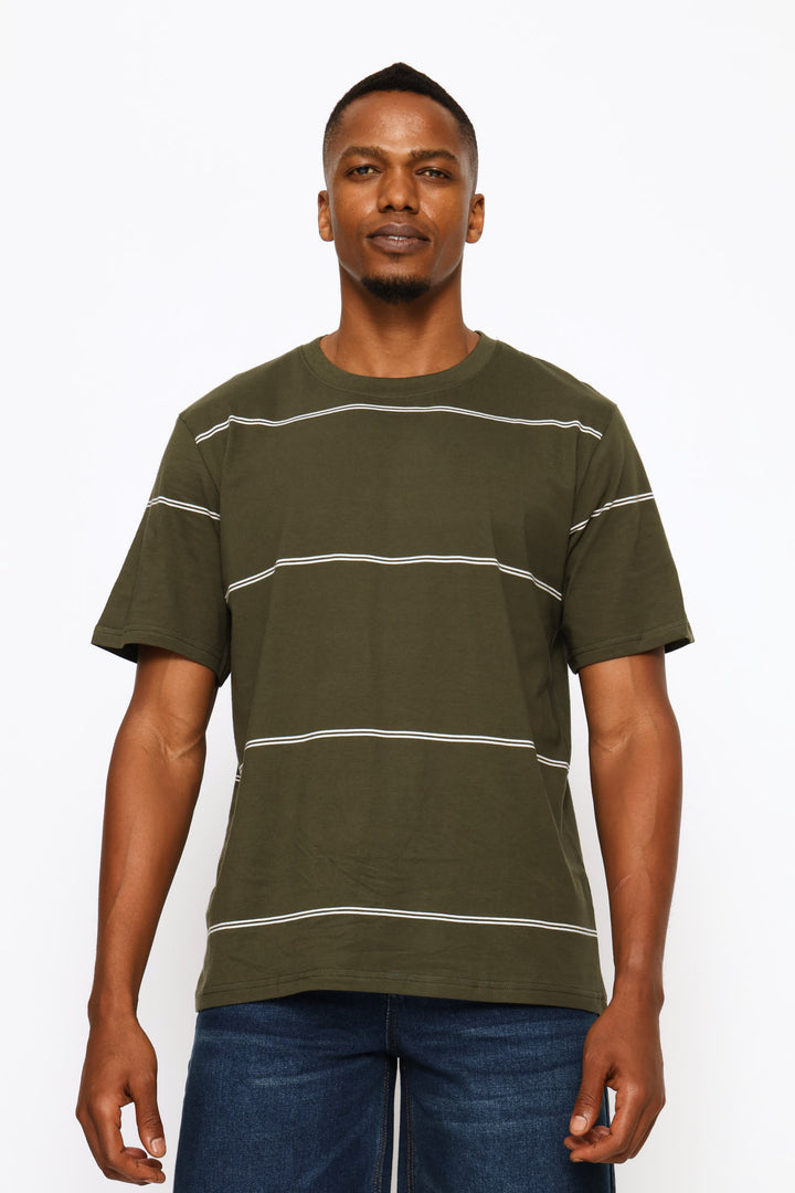Double Thin Stripe Tee - Fatigue/Off White