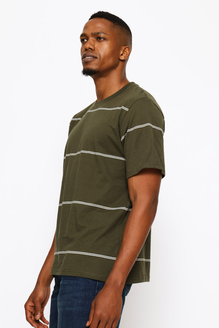 Double Thin Stripe Tee - Fatigue/Off White