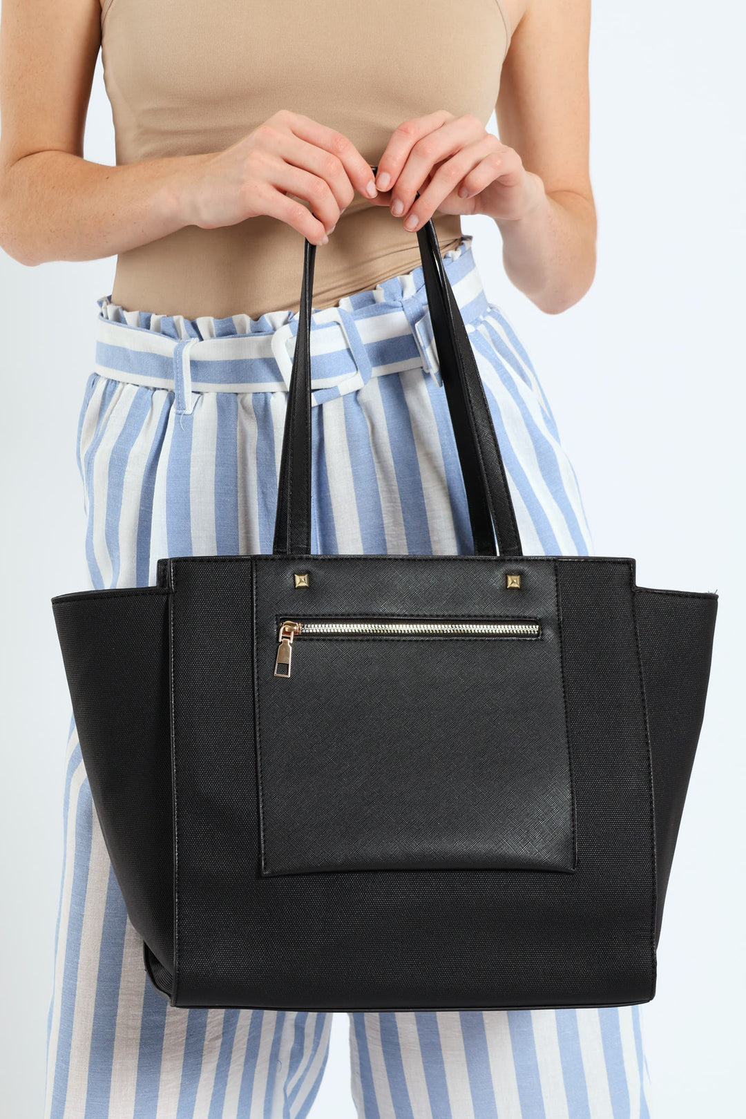 Winged Front Zip Canvas Shopper Bag - Black