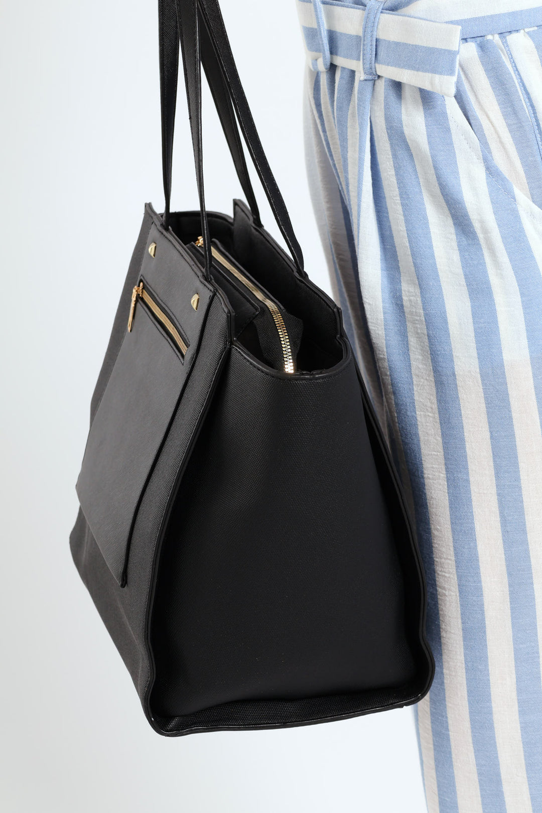 Winged Front Zip Canvas Shopper Bag - Black