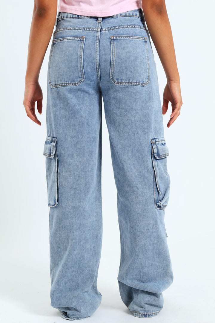 Girls Multi Pocket Cargo Denim - Blue