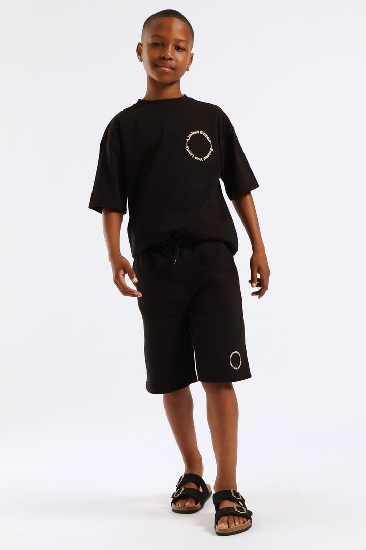 Boys Silcone Print Fleece Short - Black