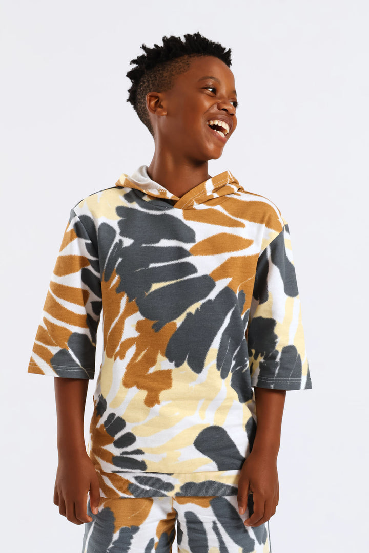 Boys Tie Dye Fleece Hoody Tee - White/Grey