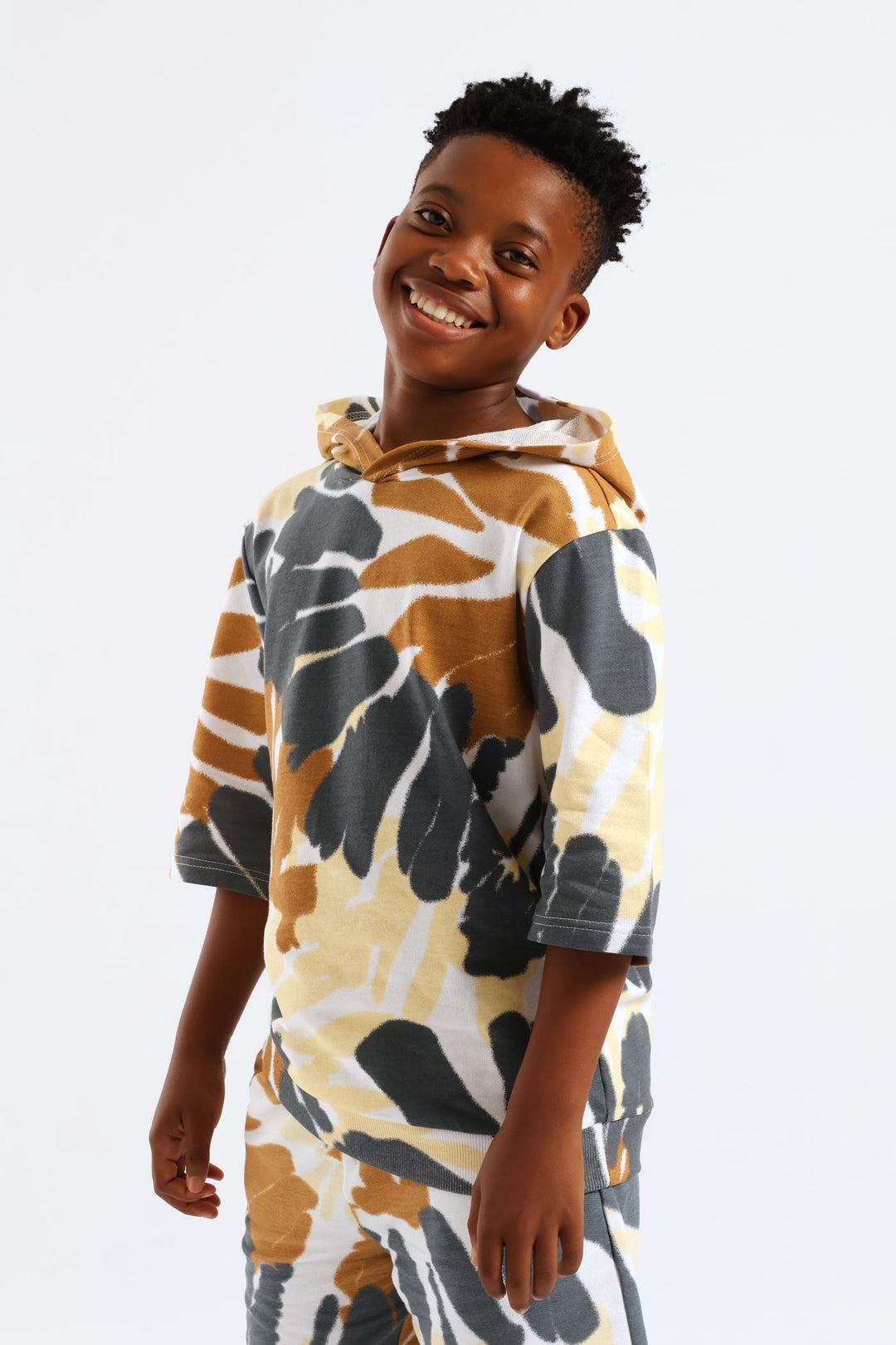 Boys Tie Dye Fleece Hoody Tee - White/Grey