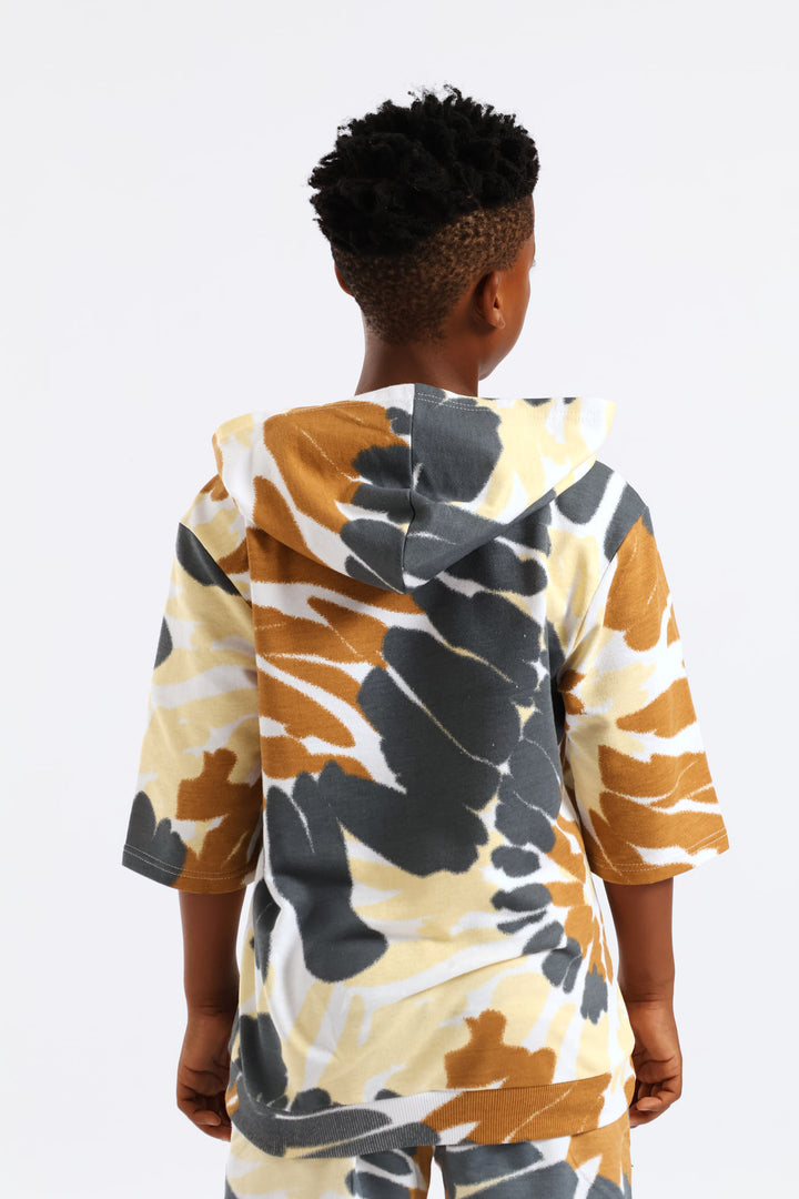 Boys Tie Dye Fleece Hoody Tee - White/Grey