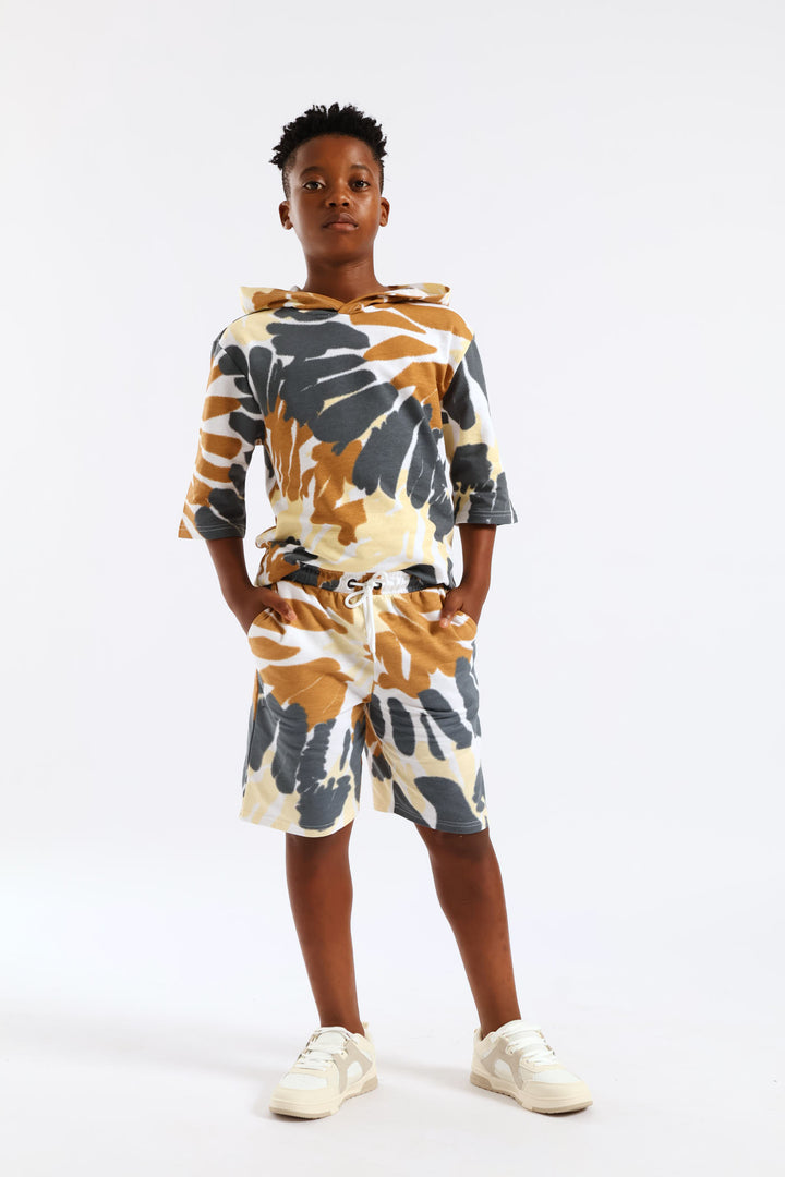 Boys Tie Dye Fleece Hoody Tee - White/Grey