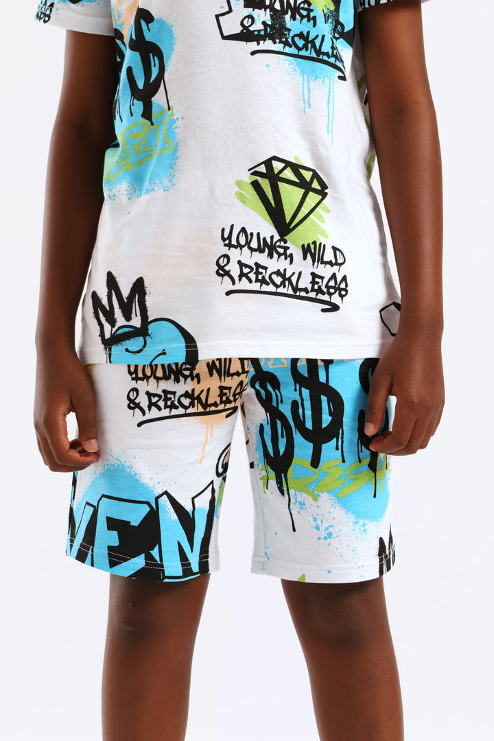 Boys Graffiti Print Fleece Short - White