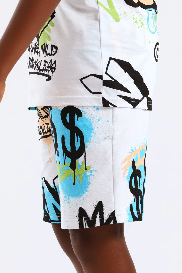 Boys Graffiti Print Fleece Short - White