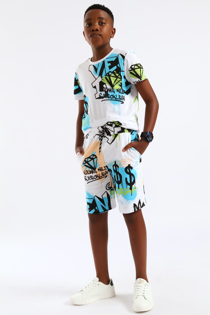 Boys Graffiti Print Fleece Short - White