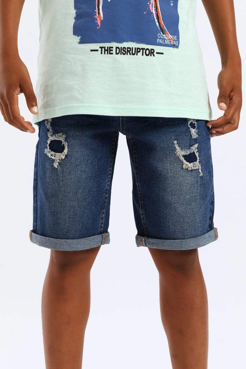 Boys Denim Rip & Repair Short - Dark Blue