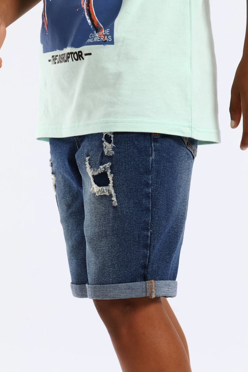 Boys Denim Rip & Repair Short - Dark Blue
