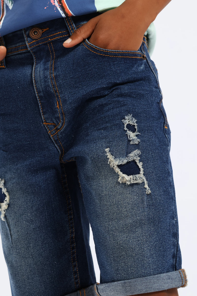 Boys Denim Rip & Repair Short - Dark Blue