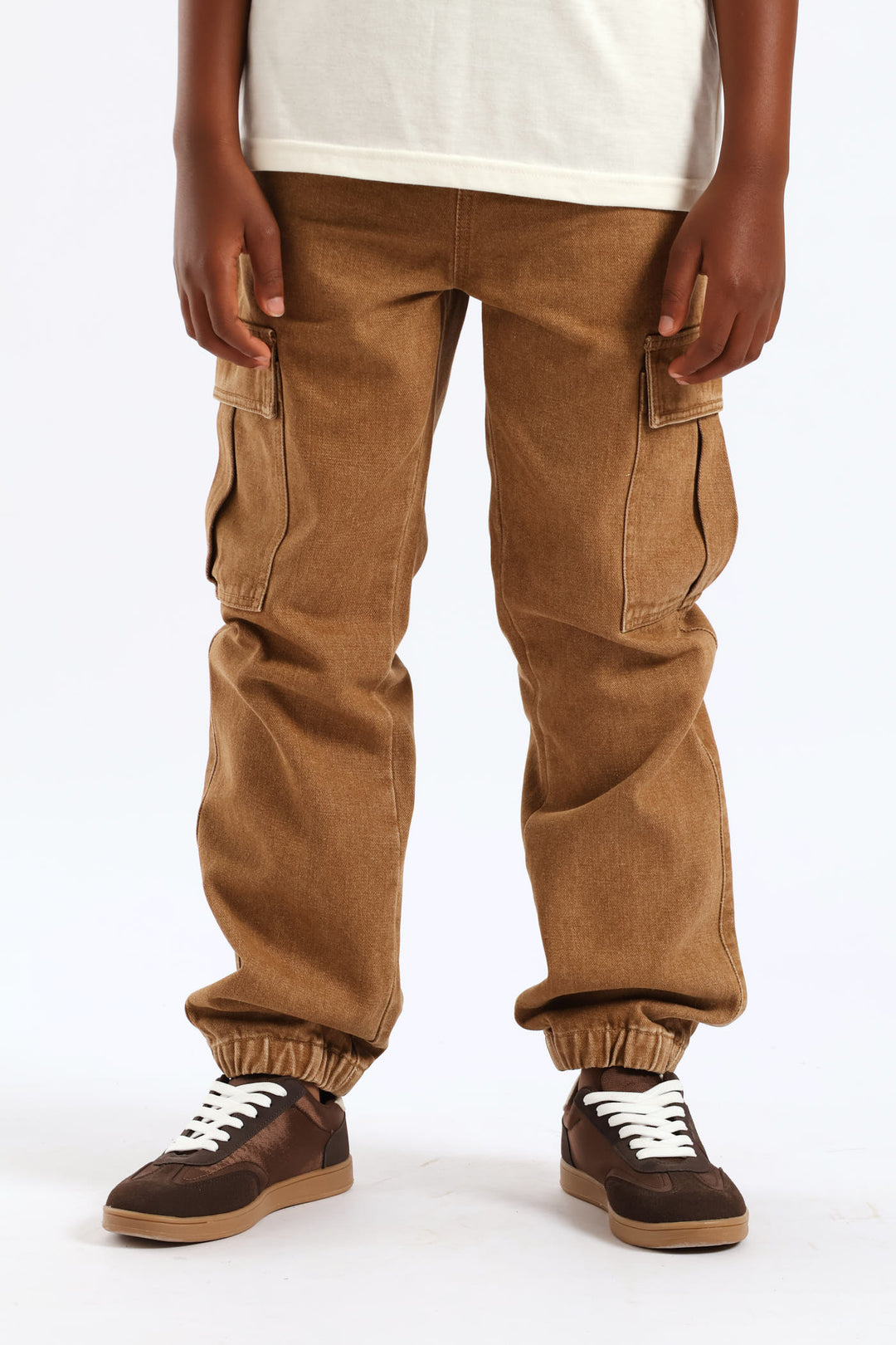 Boys Washed Denim Cargo Jogger Jean - Brown
