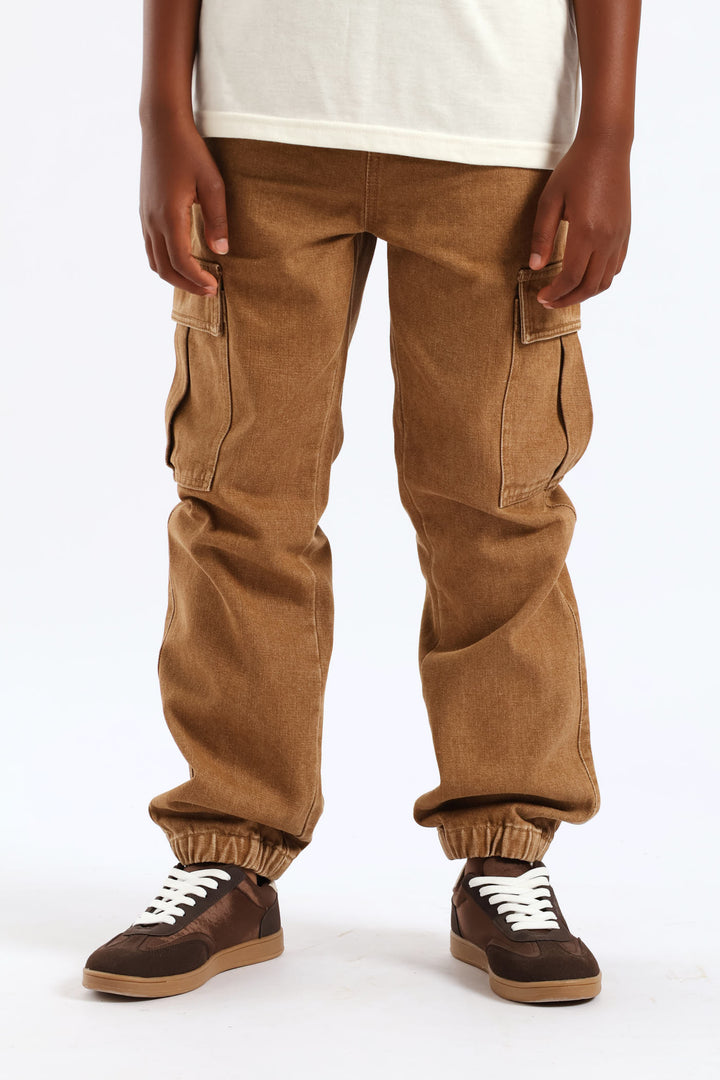 Boys Washed Denim Cargo Jogger Jean - Brown