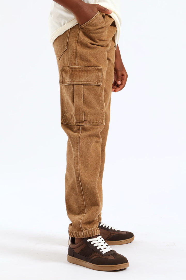 Boys Washed Denim Cargo Jogger Jean - Brown