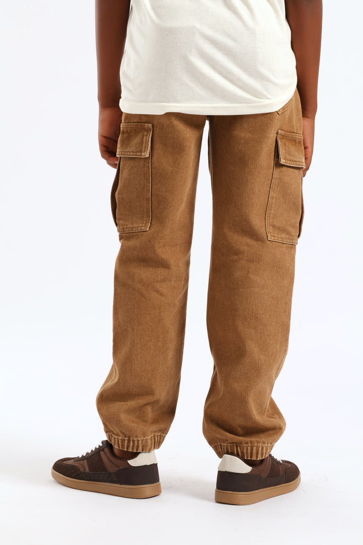 Boys Washed Denim Cargo Jogger Jean - Brown