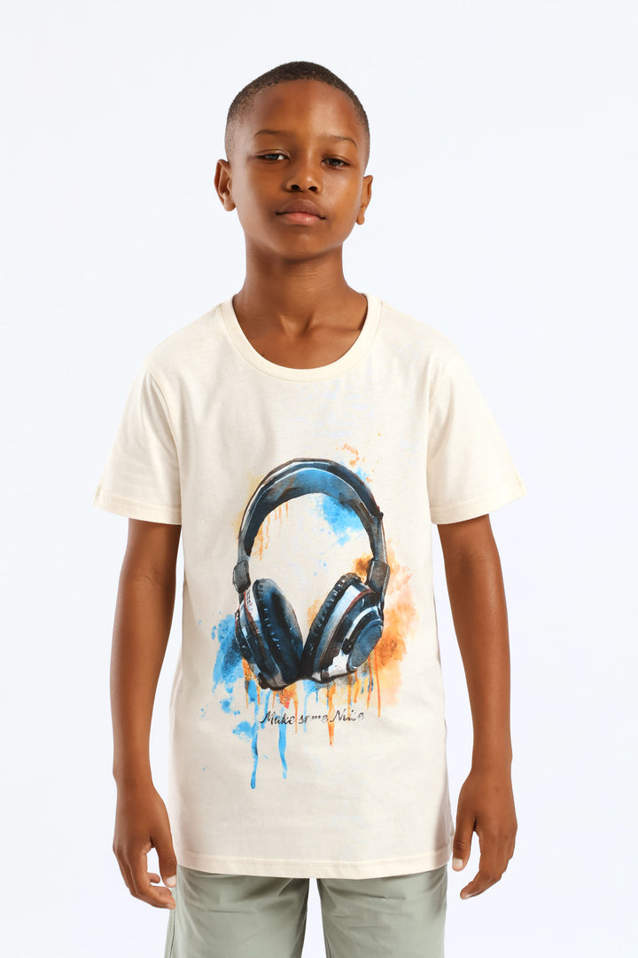 Boys Watercolour Headphone Tee - Cream