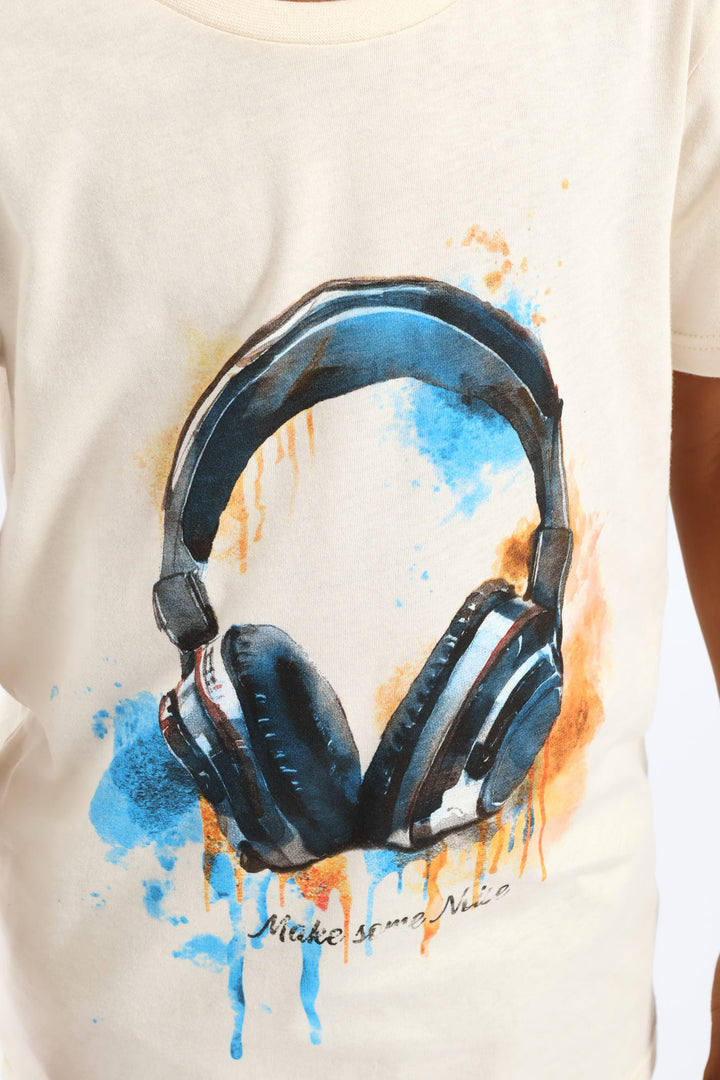 Boys Watercolour Headphone Tee - Cream