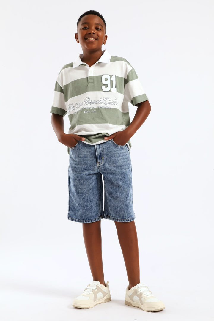 Boys Stripe Malibu Polo Shirt - Green/White