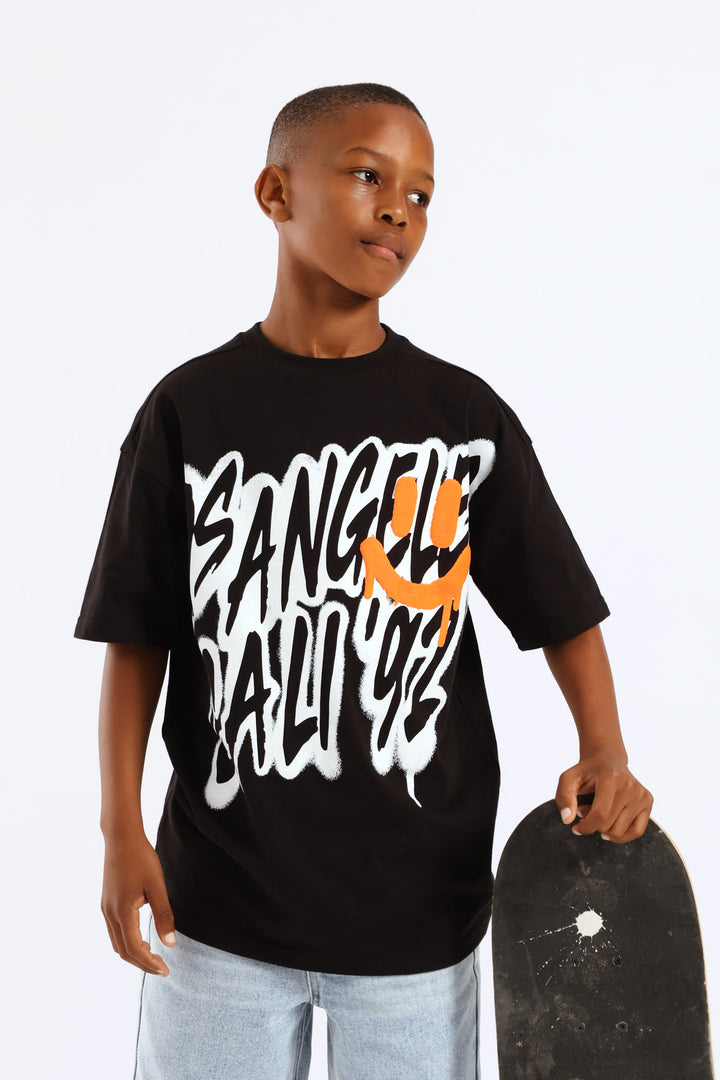 Boys Oversized La Palm Back Print T-Shirt - Black