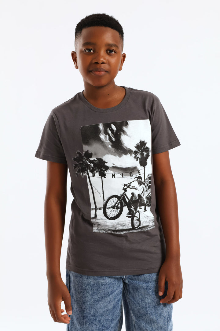 Boys Biker Beach Print T-Shirt - Charcoal