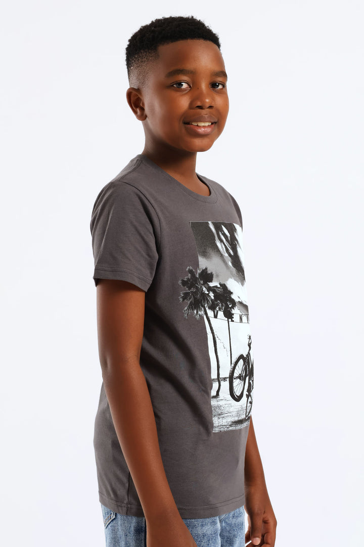 Boys Biker Beach Print T-Shirt - Charcoal