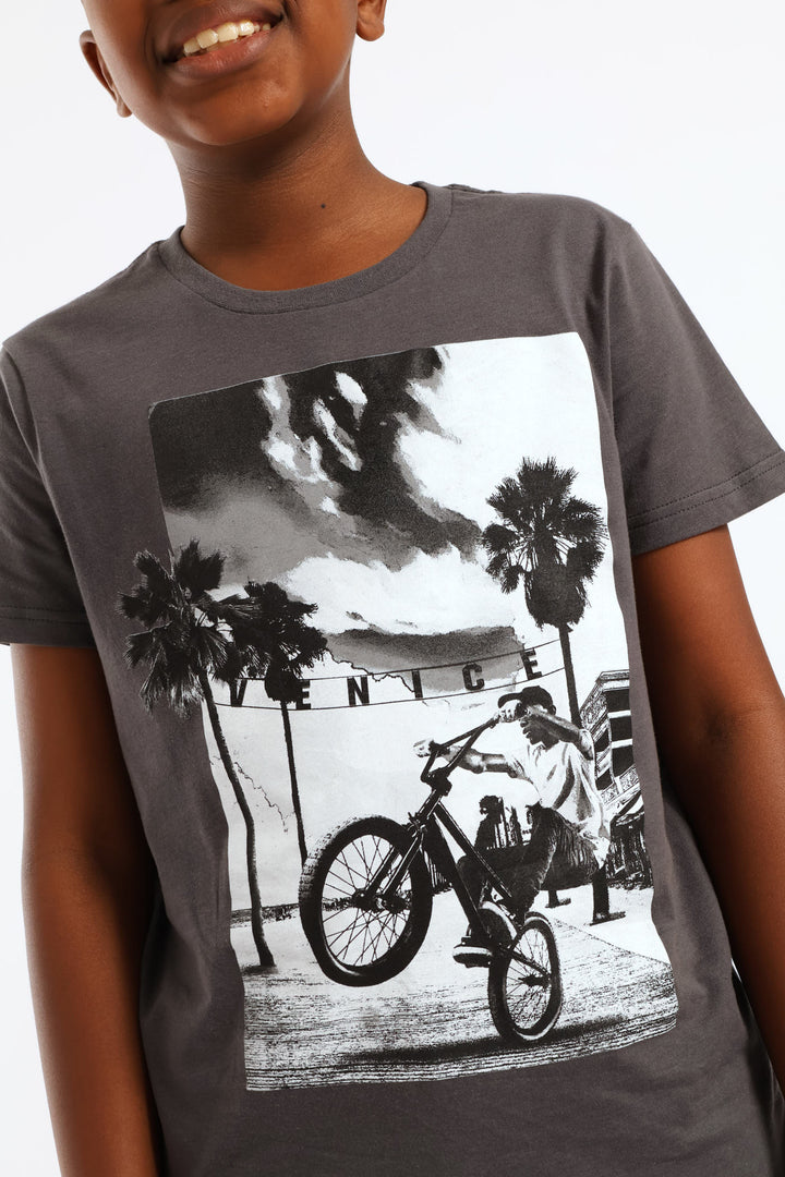 Boys Biker Beach Print T-Shirt - Charcoal