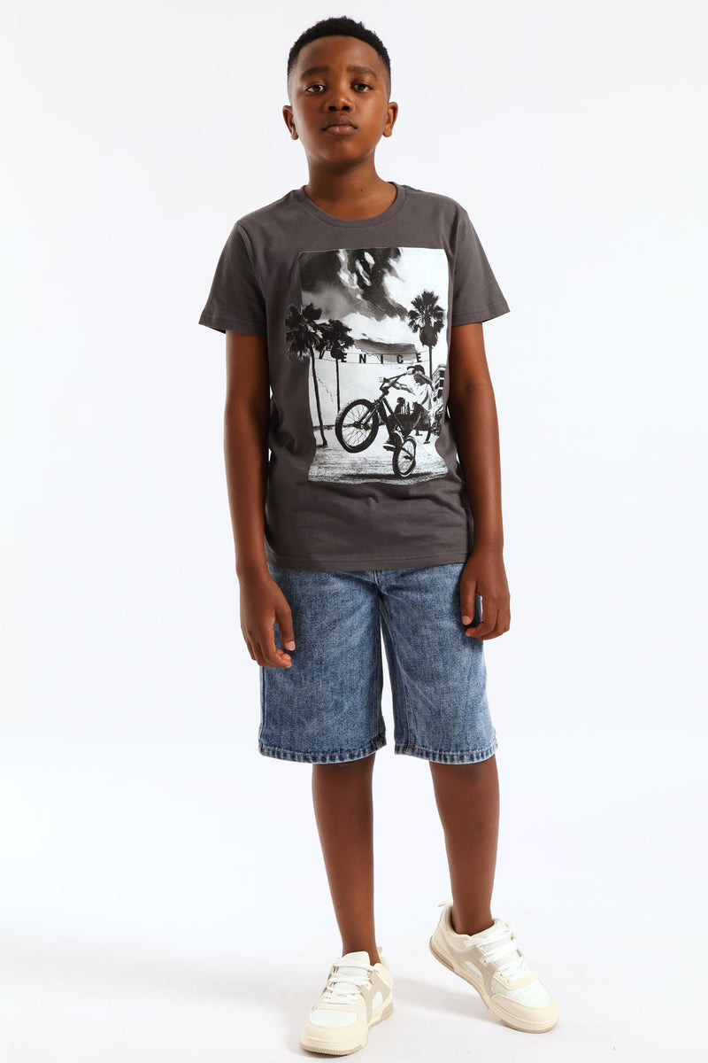 Boys Biker Beach Print T-Shirt - Charcoal