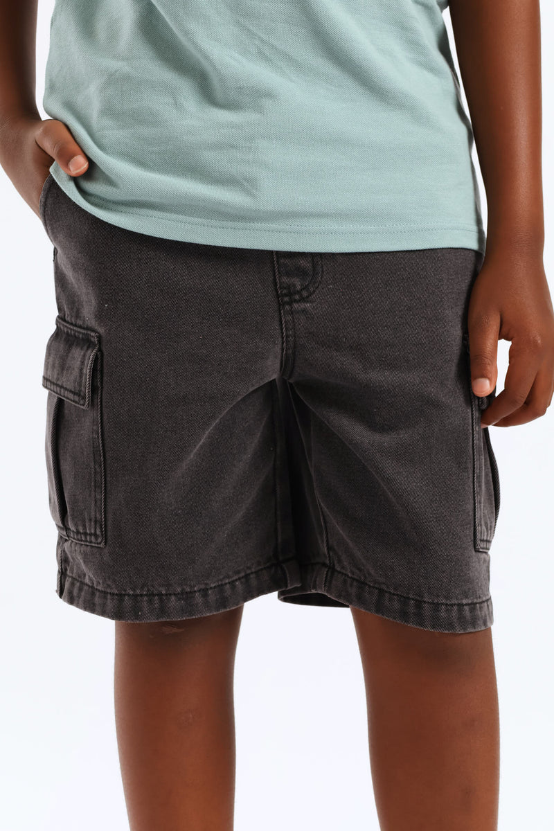 Boys Washed Bull Denim Cargo Short - Black/Grey