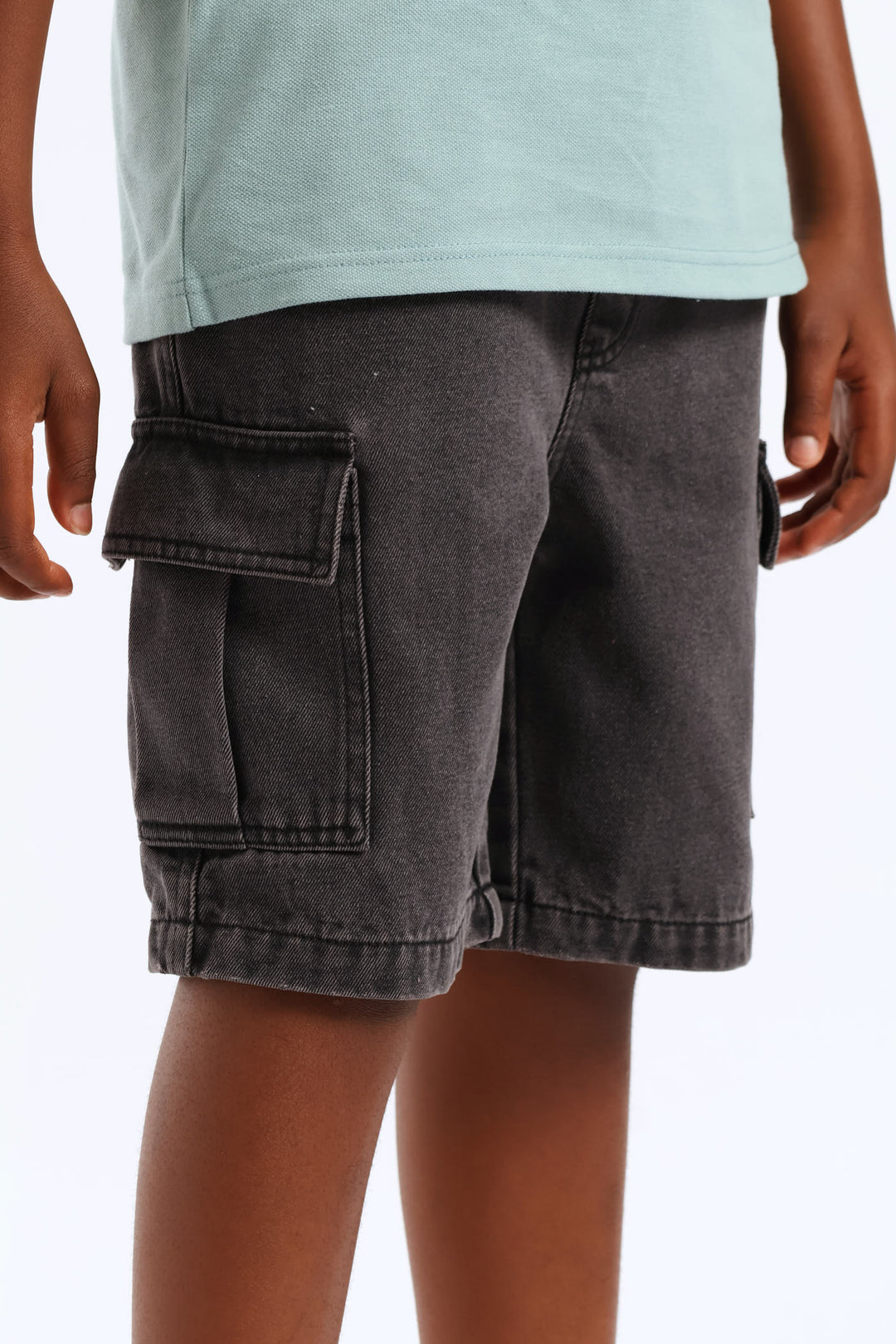 Boys Washed Bull Denim Cargo Short - Black/Grey