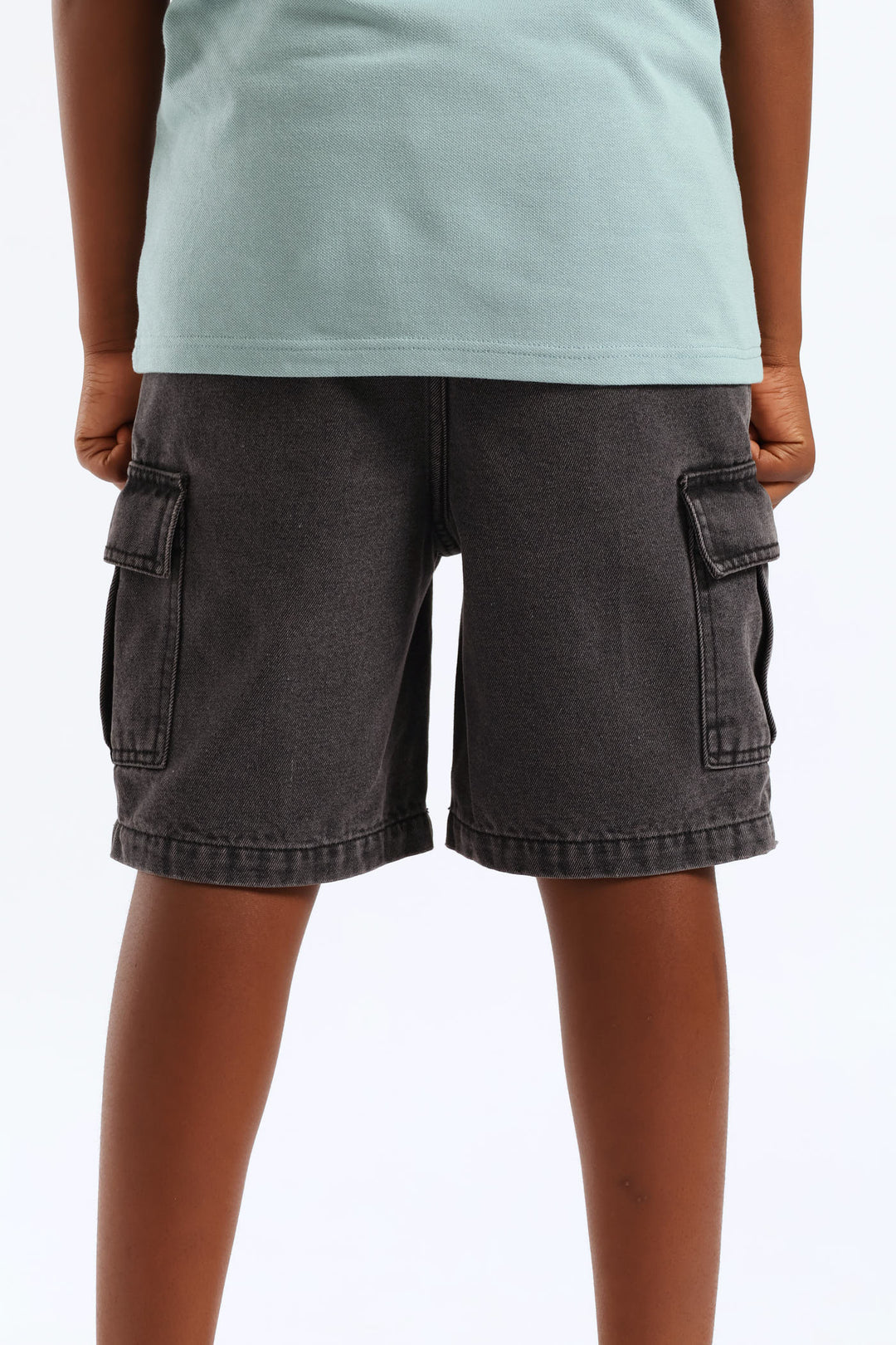 Boys Washed Bull Denim Cargo Short - Black/Grey