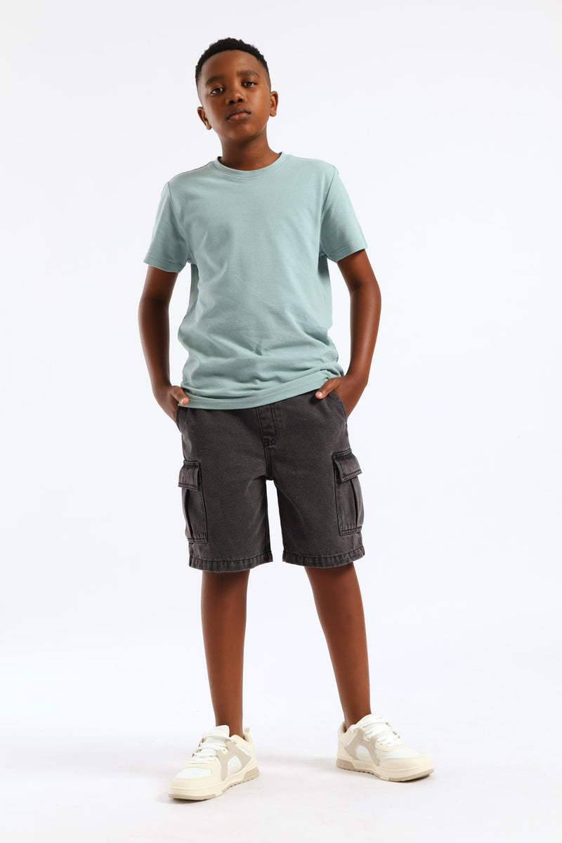 Boys Washed Bull Denim Cargo Short - Black/Grey