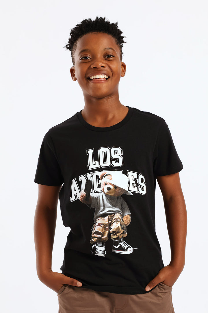 Boys LA Teddy Print Tee - Black