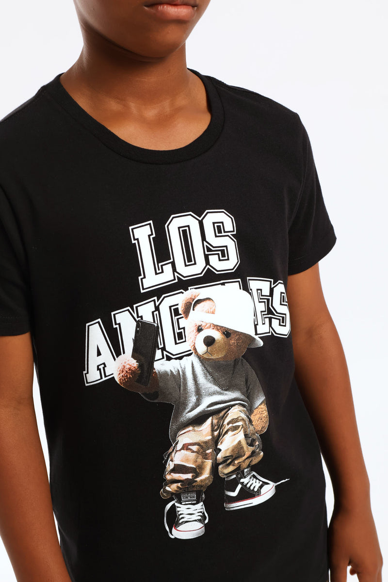 Boys LA Teddy Print Tee - Black