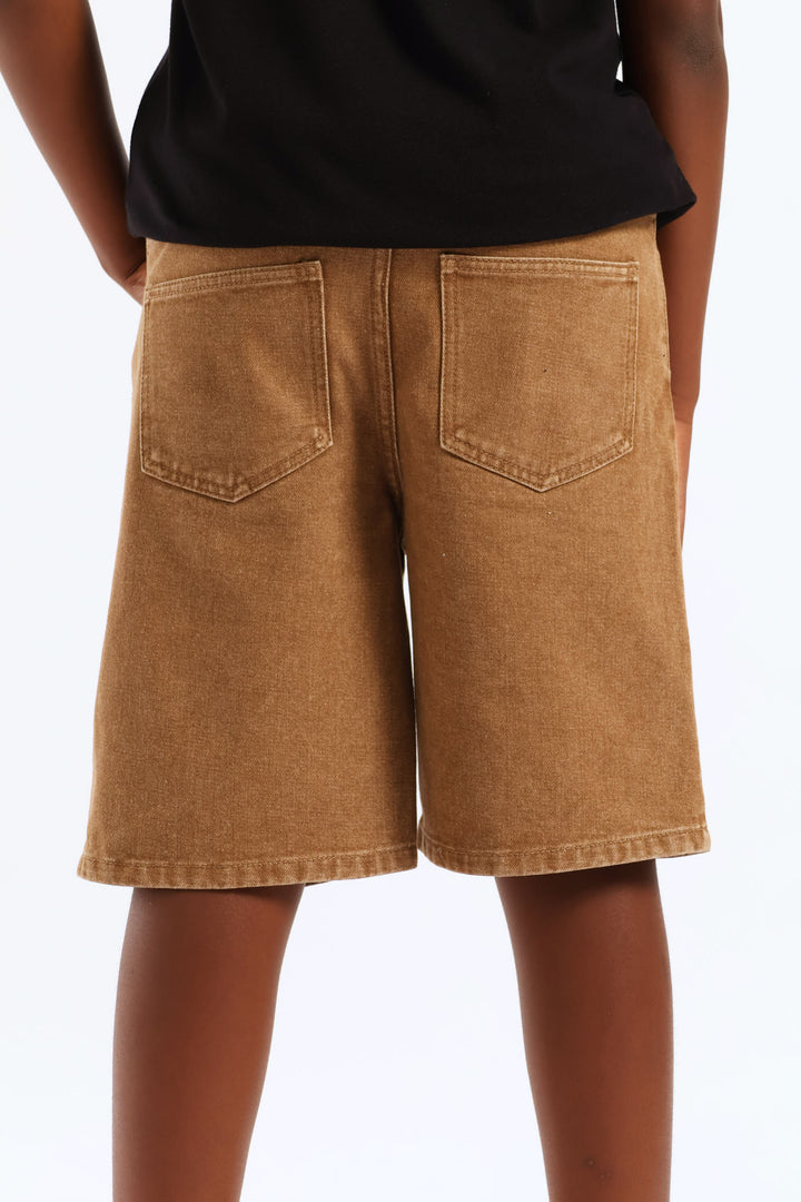 Boys Washed Denim Pull On Walkshort - Brown