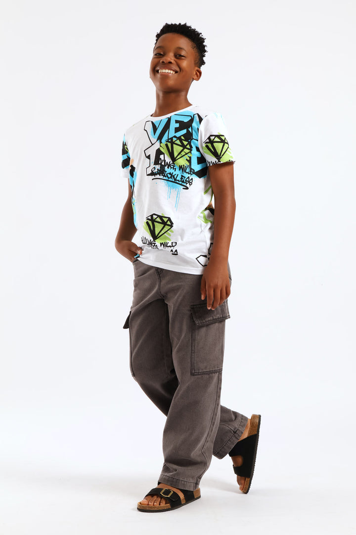 Boys Washed Denim Baggy Cargo Jean