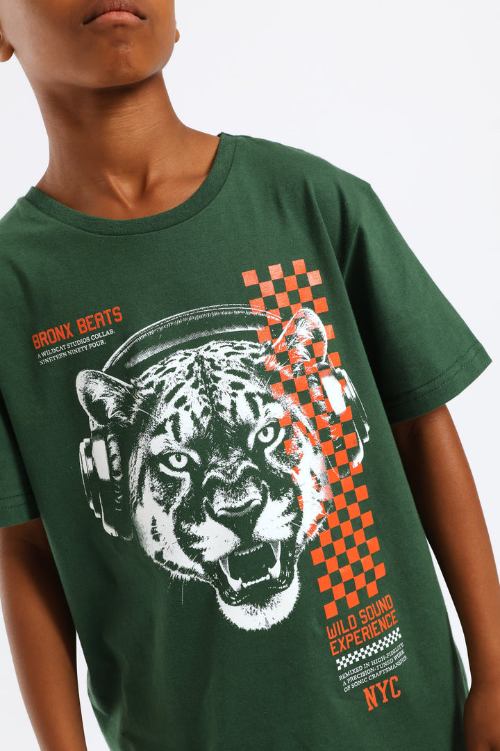 Wild Cat Headphone Headphone Print T-Shirt - Green