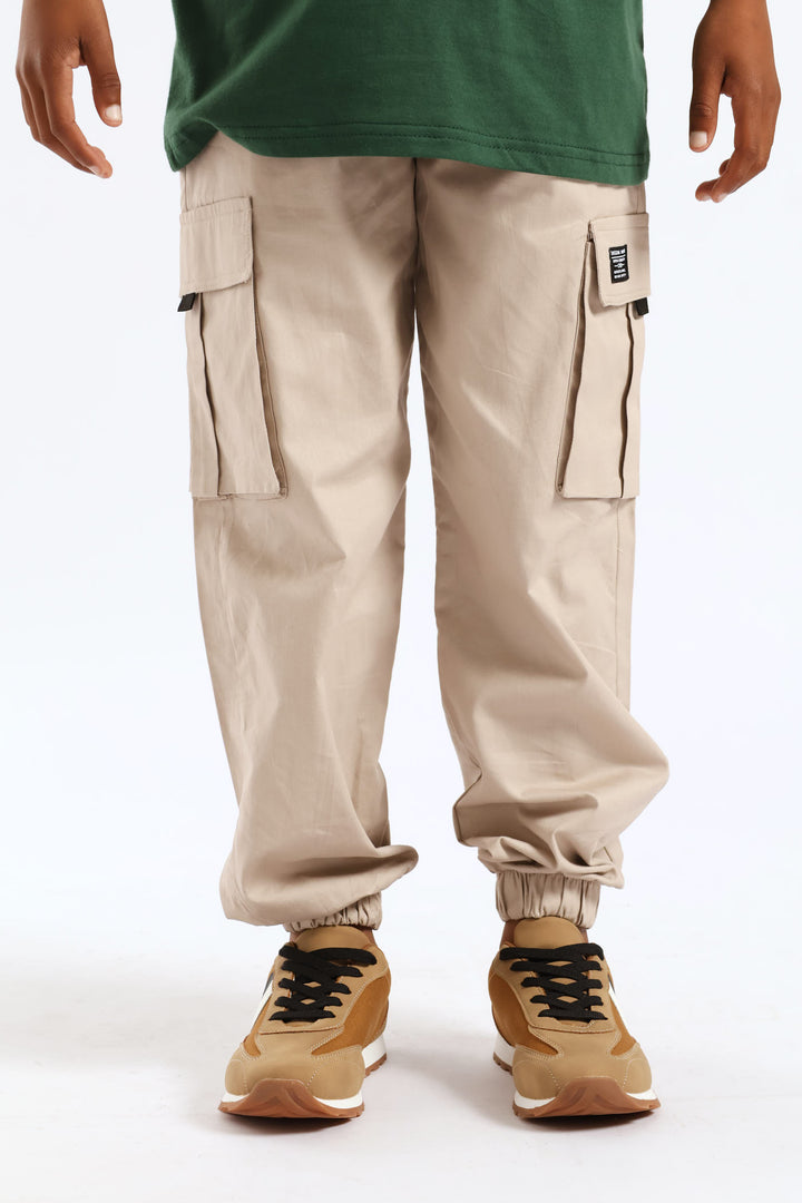 Boys Cotton Twill Cargo Jogger - Light Stone