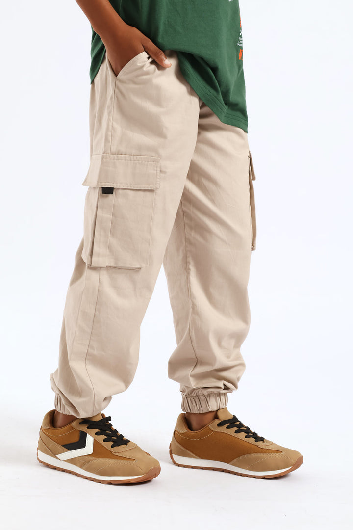 Boys Cotton Twill Cargo Jogger - Light Stone