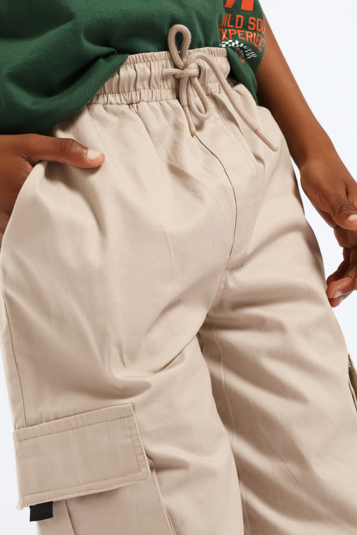 Boys Cotton Twill Cargo Jogger - Light Stone