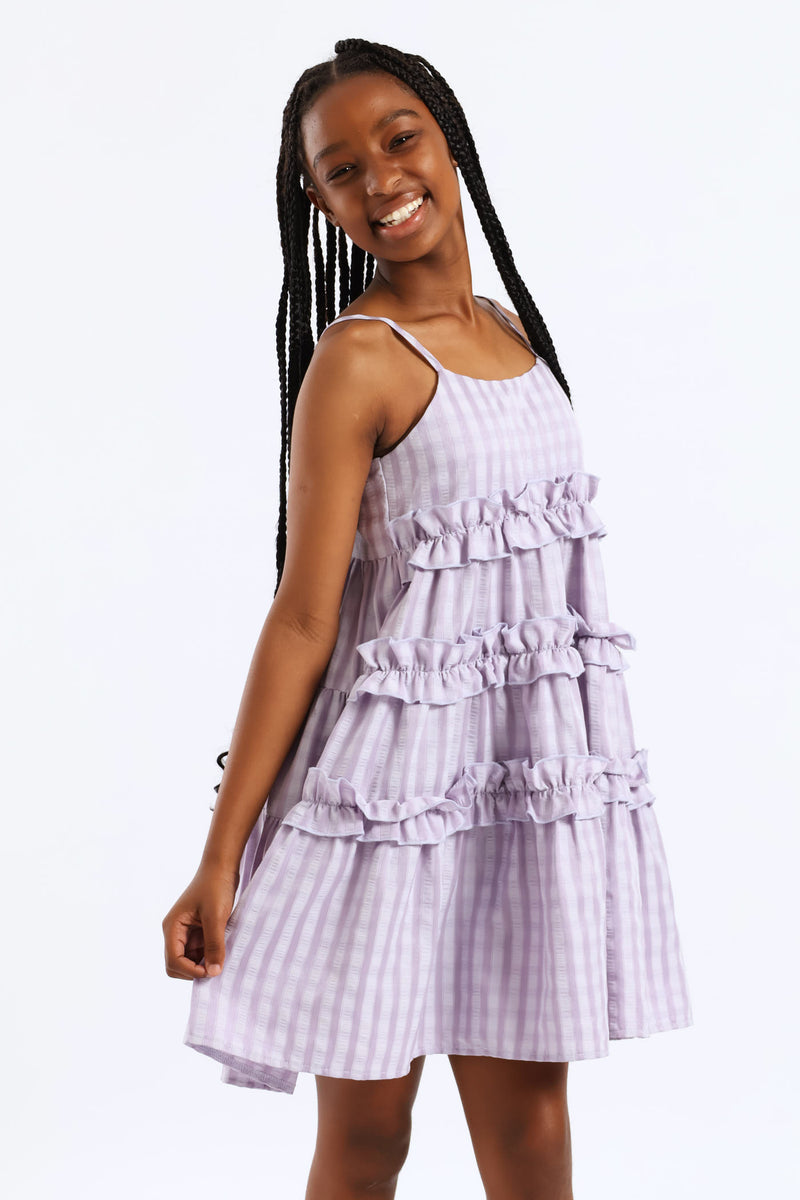Girls Tiered Frill Detail Strappy Babydoll Dress - Lilac