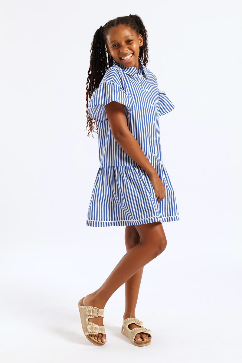 Girls Stripe Ladder Lace Button Through Summer Shift Dress - White/Blue