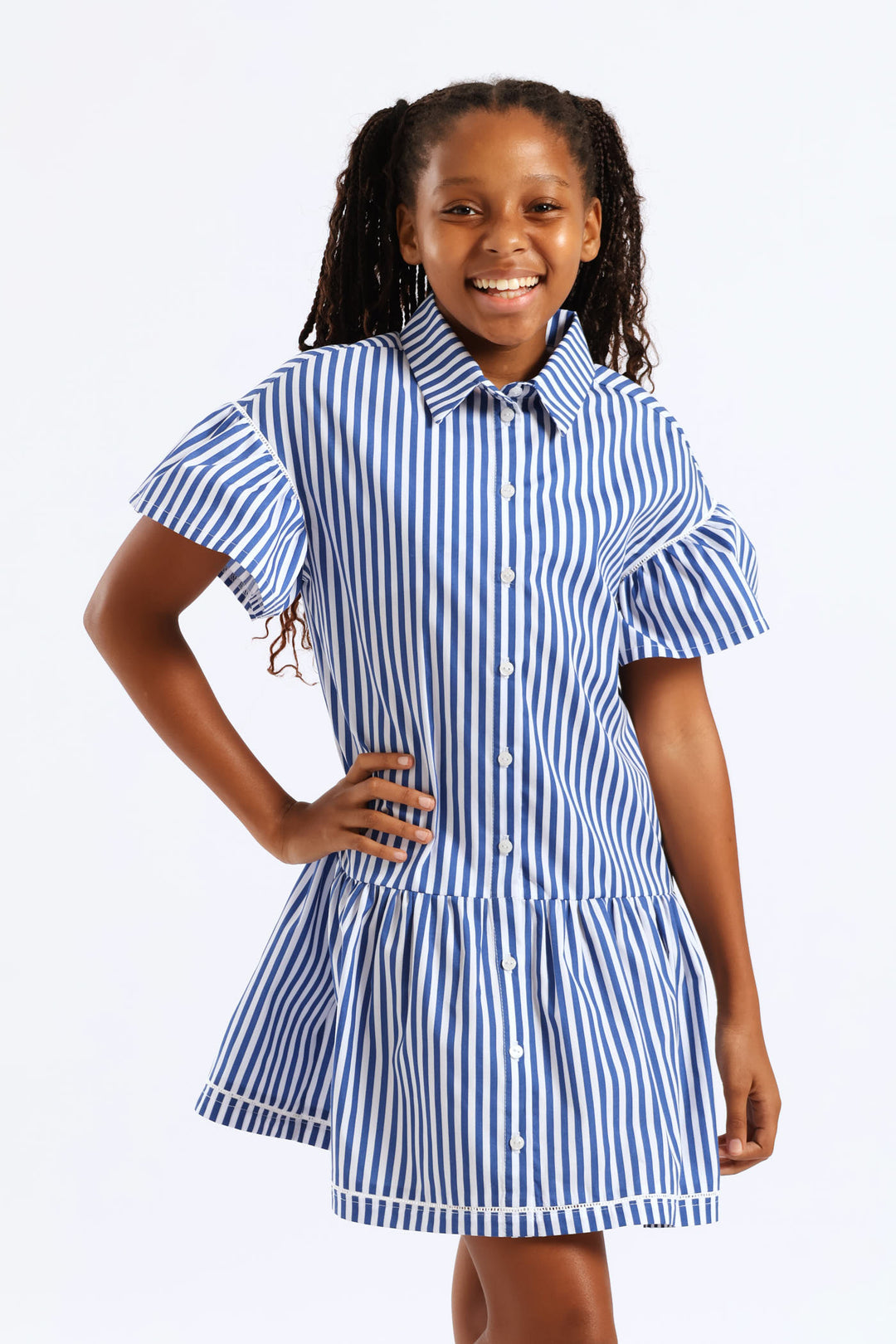Girls Stripe Ladder Lace Button Through Summer Shift Dress - White/Blue