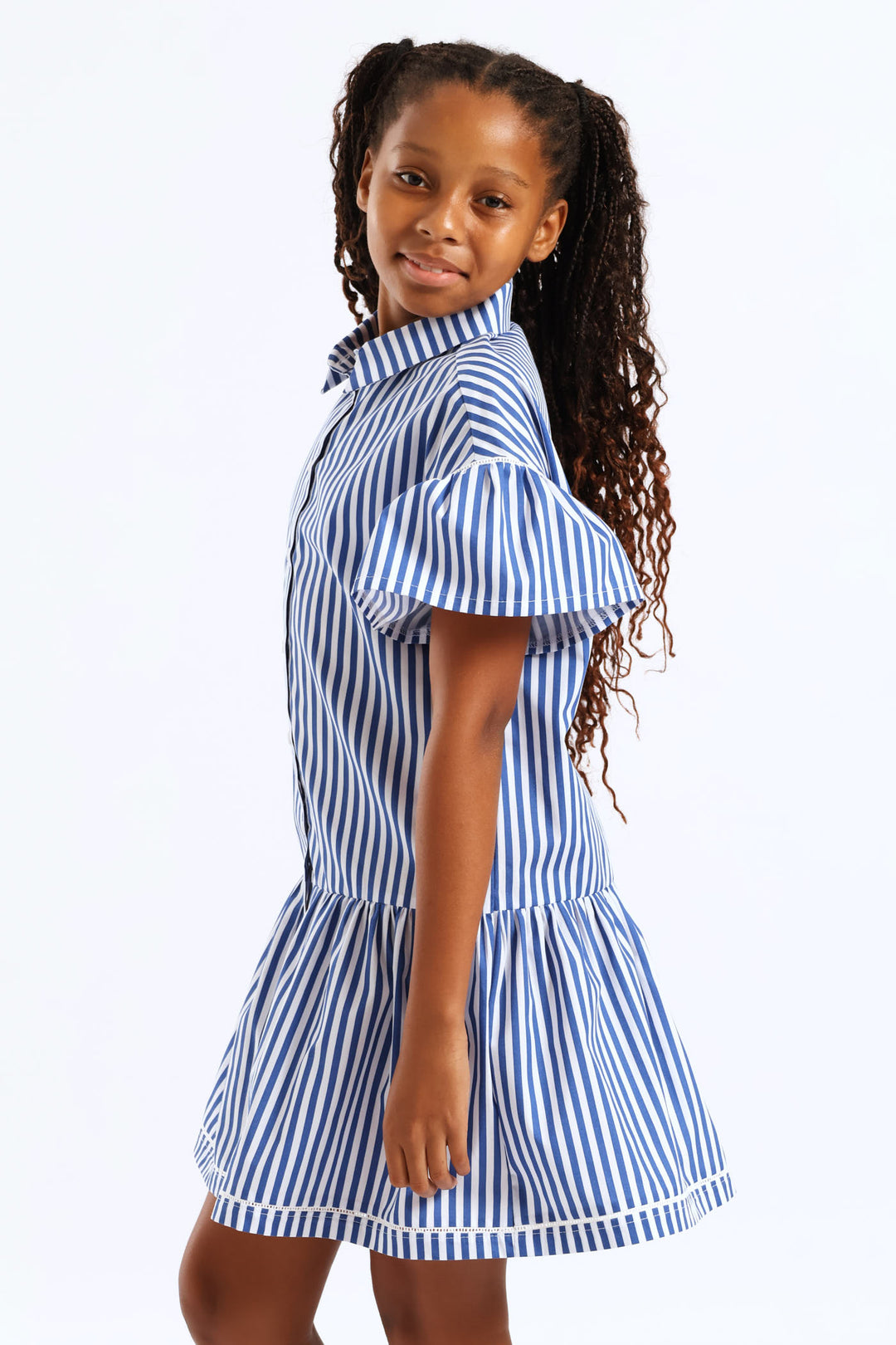 Girls Stripe Ladder Lace Button Through Summer Shift Dress - White/Blue