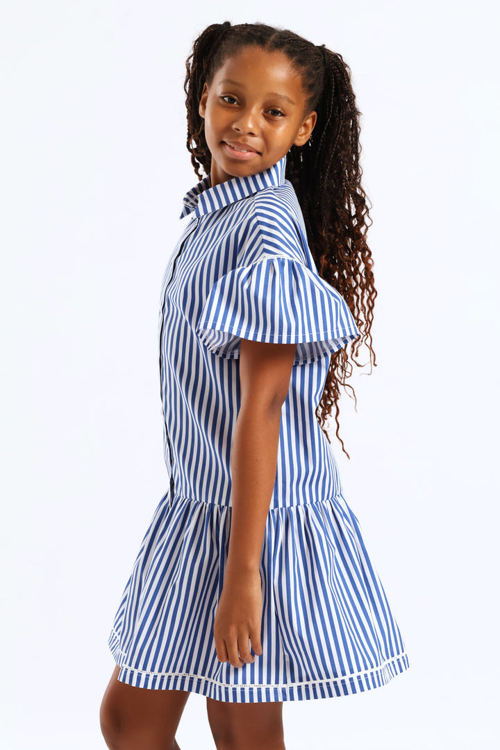 Girls Stripe Ladder Lace Button Through Summer Shift Dress - White/Blue