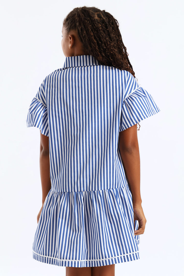 Girls Stripe Ladder Lace Button Through Summer Shift Dress - White/Blue