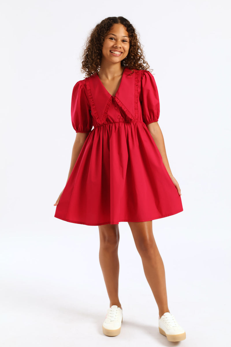 Girls Peterpan Puff Sleeve Dress - Cerise