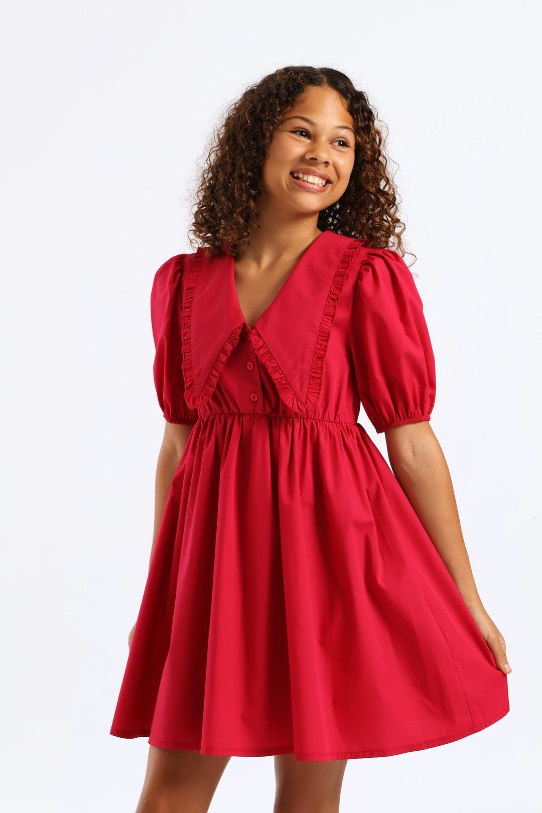 Girls Peterpan Puff Sleeve Dress - Cerise