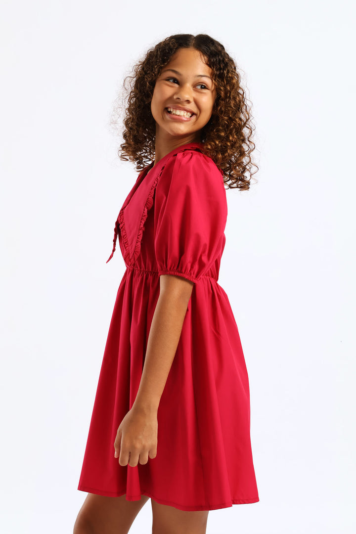 Girls Peterpan Puff Sleeve Dress - Cerise