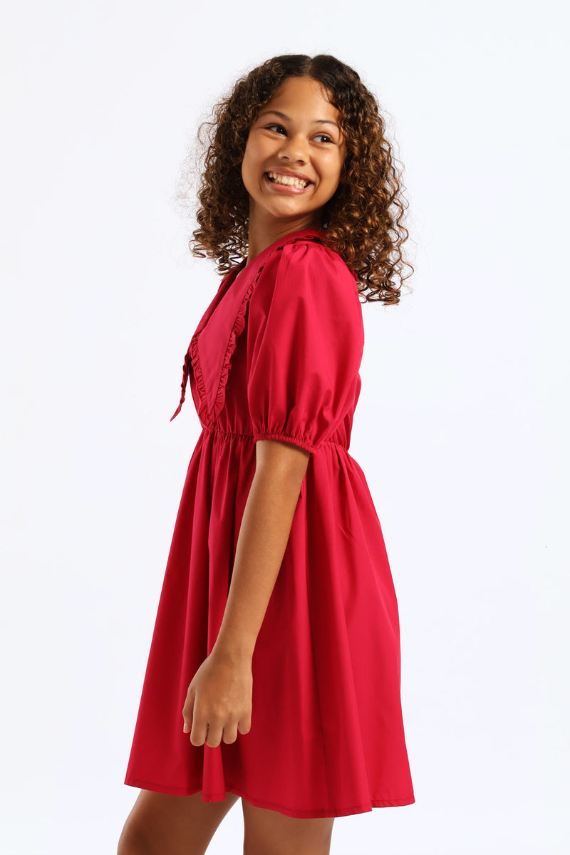 Girls Peterpan Puff Sleeve Dress - Cerise